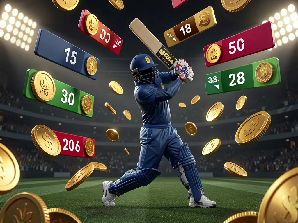 520DB live cricket odds visual featuring a cricket player silhouette batting under stadium lights with floating odds graphics and golden coins on a premium dark sports background