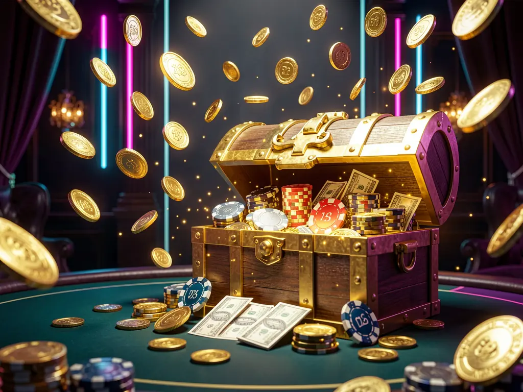 520DB premium online casino bonus hero banner featuring golden coins flying in the air and a glowing treasure chest full of chips and cash against a luxury dark background with neon accents, creating a festive and elegant casino atmosphere with high detail and cinematic lighting