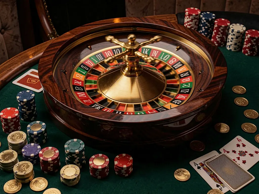520DB classic casino scene featuring a spinning roulette wheel, scattered chips, playing cards, and coins on an elegant dark table with cinematic lighting