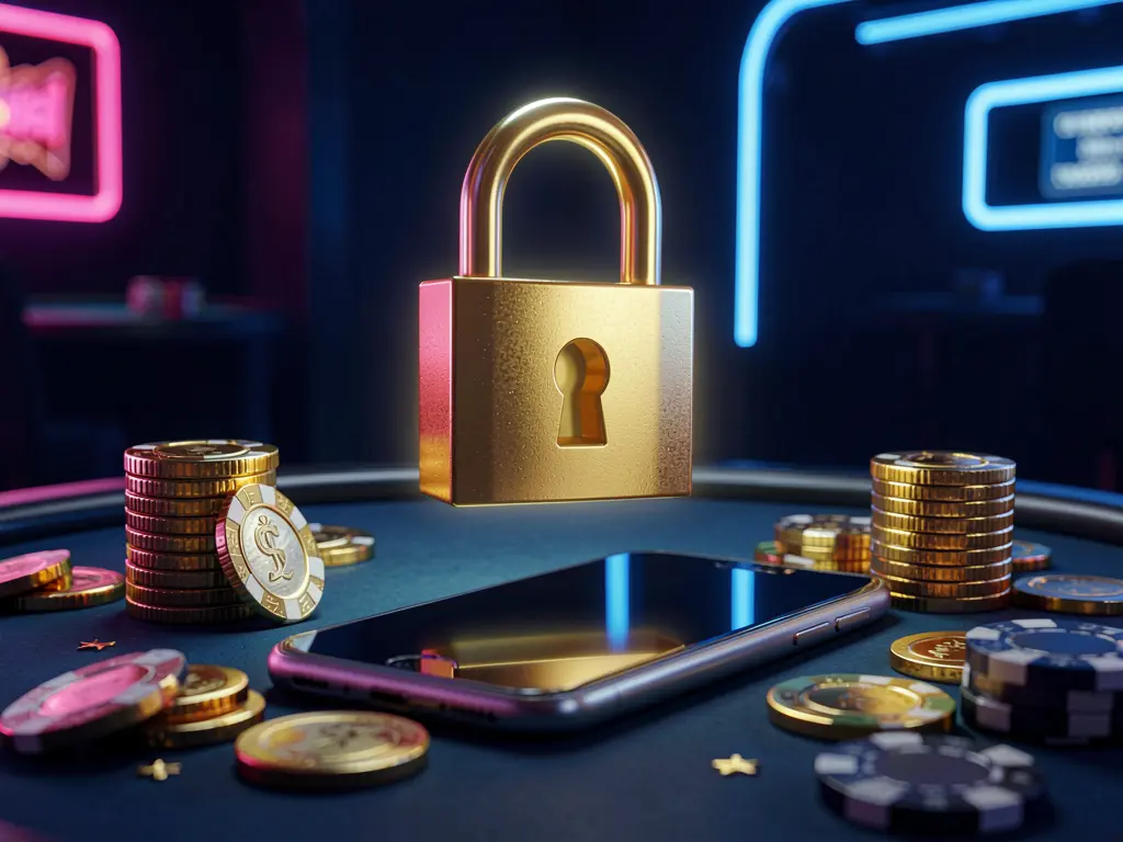 520DB casino login security image showing a glowing padlock floating above a smartphone with golden coins and chips scattered around against a dark blue neon background in a premium realistic 3D render